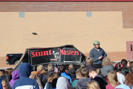 Stunt Masters talking to students