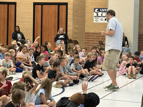 Brandon Mull talking to students