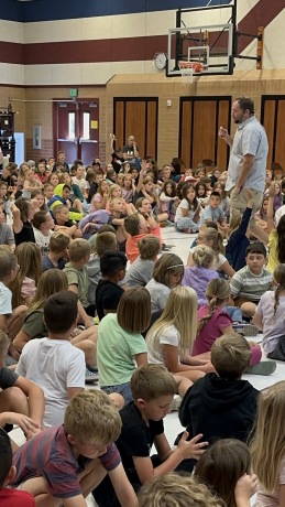 Brandon Mull talking to students