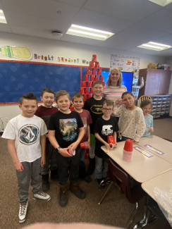 third grade students built a cup tower